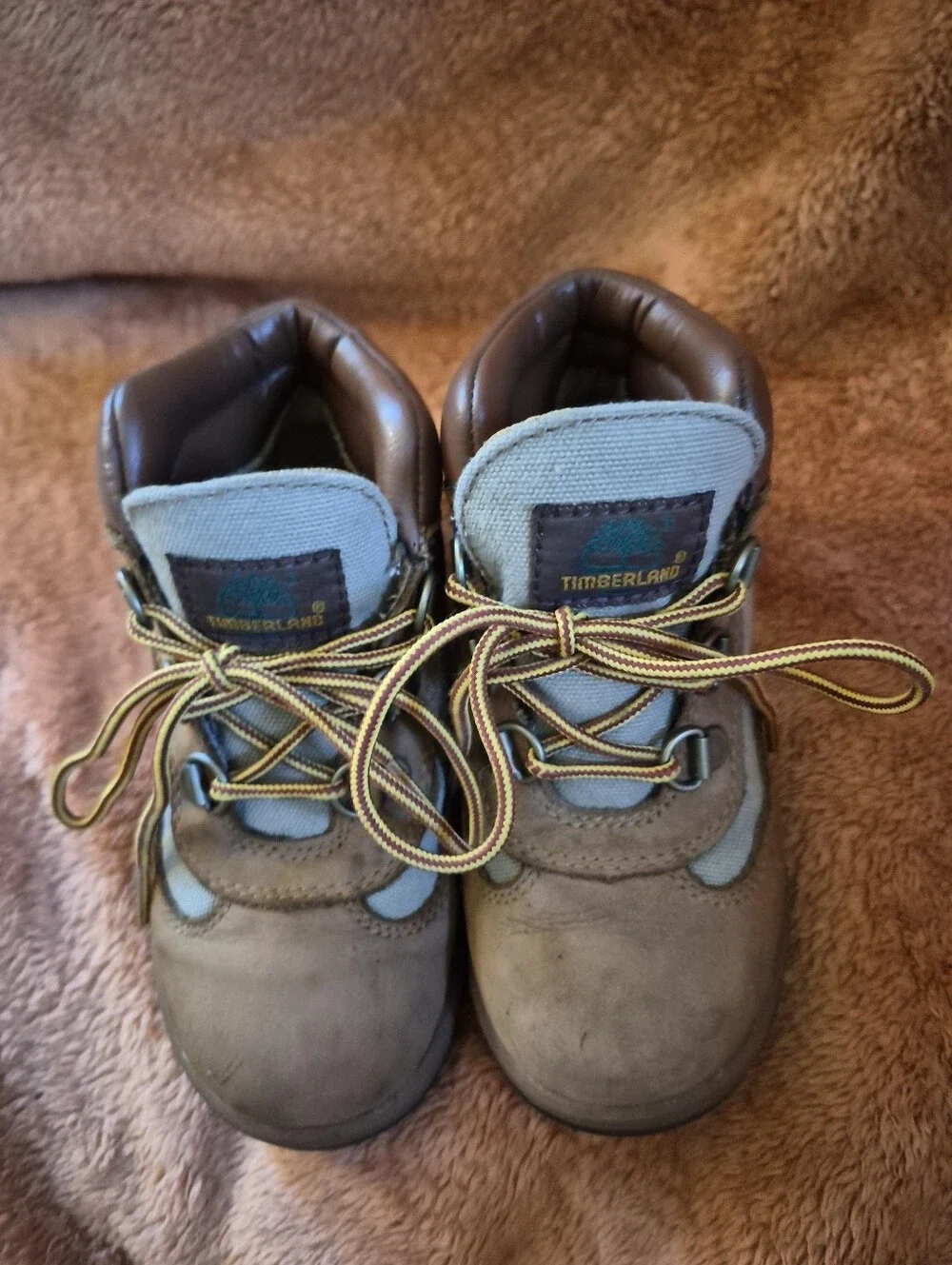 Size 10 - Timberland Kids Brown And Tan Boots With Black Rubber Soles
